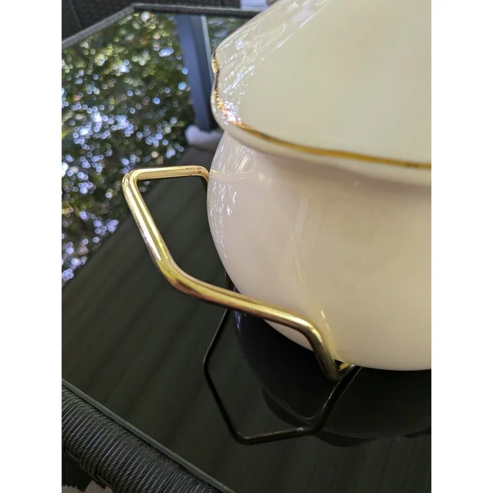 Teleflora Soup Tureen Serving Bowl Lidded Metal Rack Gold Accents Fruit Designs